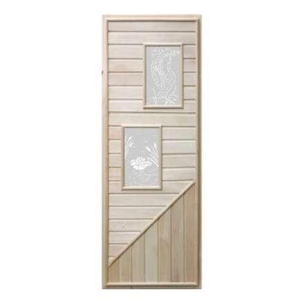 Дверь деревянная для бани DoorWood 1850x750 Вагонка 2 стекла прямоугольных, коробка липа в Пинске