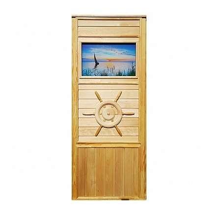 Дверь деревянная для бани DoorWood Штурвал 1840x740 со стеклом Парусник в Пинске