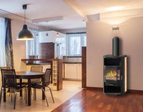 Недорогой стальной камин со стеклом Мета-Бел Ангара фото в интерьере в Пинске