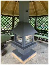 Стальной камин с четырьмя стеклами Эклипс островной 4D графит фото в Пинске