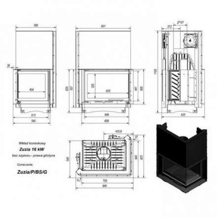 Каминная топка Kratki Zuzia/P/BS/G (угловое стекло справа,гильотина) в Пинске