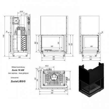Каминная топка Kratki Zuzia/L/BS/G (угловое стекло слева, гильотина) в Пинске