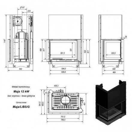 Каминная топка Kratki Maja/L/BS/G (угловое стекло слева, гильотина) в Пинске