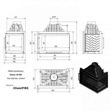 Каминная топка Kratki Oliwia/P/BS (угловое стекло справа) в Пинске