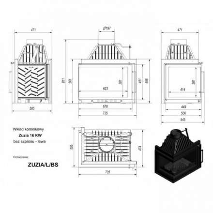 Каминная топка Kratki Zuzia/L/BS (угловое стекло слева) в Пинске