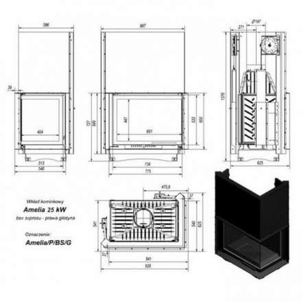 Каминная топка Kratki Amelia/P/BS/G (угловое стекло справа, гильотина) в Пинске